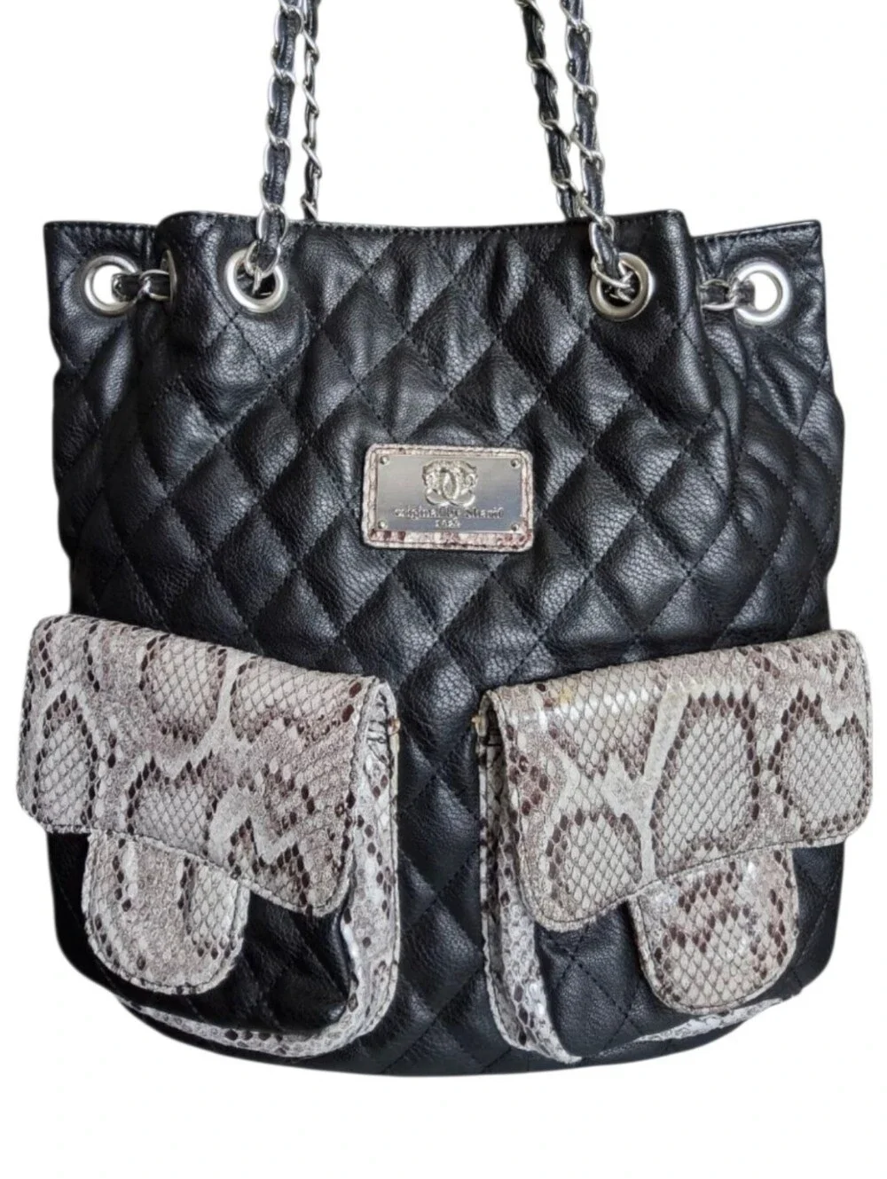 Sharif Black Quilted Leather Convertible Backpack Shoulder Bag with Snake Print